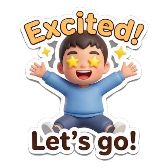 Excited boy with star-shaped eyes and arms raised in celebration. Little Boy Daily Expressions sticker for expressive chats and social replies.