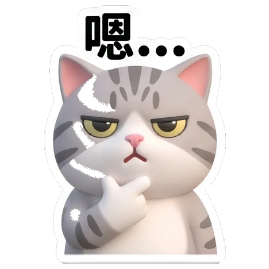 Gray cat thinking with a hand on chin. Cheerful Gray Tabby Daily sticker for expressive chats and social replies.