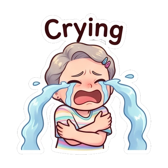 Grandma crying loudly with large tears streaming down. Cheerful Grandma Adventures sticker for expressive chats and social replies.