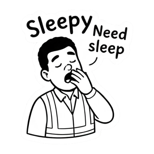 Man in safety vest yawning with text Need sleep Working Guy Daily Vibes sticker for expressive chats and social replies.