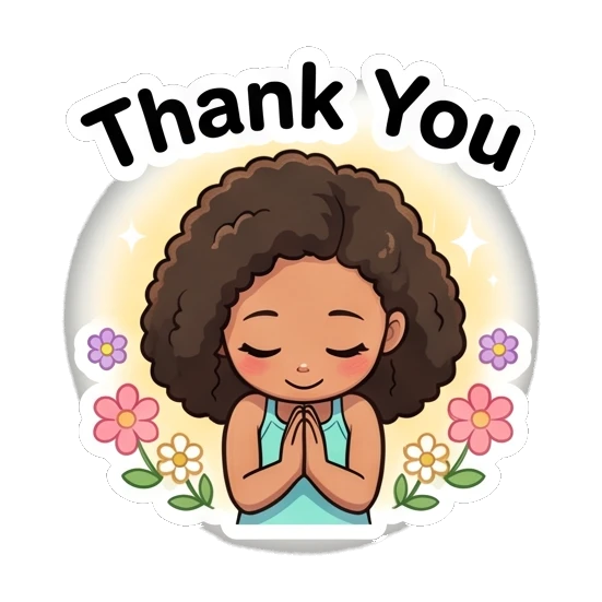 卷发女孩双手合十，表示感谢 Curly Haired Girl Expressions sticker for expressive chats and social replies.
