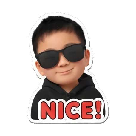 Little boy wearing sunglasses looking cool with NICE text. Little Boy Daily Expressions sticker for expressive chats and social replies.