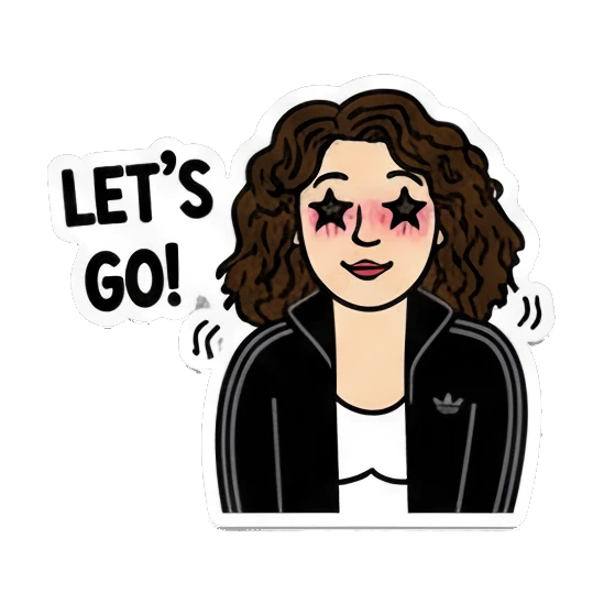 Curly-haired girl with star eyes looking excited with text LET'S GO Curly Hair Girl Daily Vibes sticker for expressive chats and social replies.