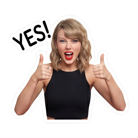 Taylor Swift giving two thumbs up, smiling, text YES! Taylor Swift Iconic Expressions sticker for expressive chats and social replies.
