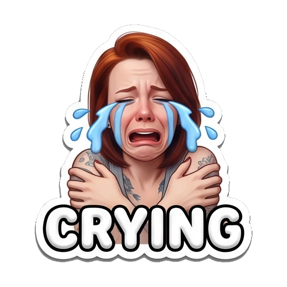 Crying girl holding herself with 'CRYING' text Red-Haired Girl Daily Vibes sticker for expressive chats and social replies.
