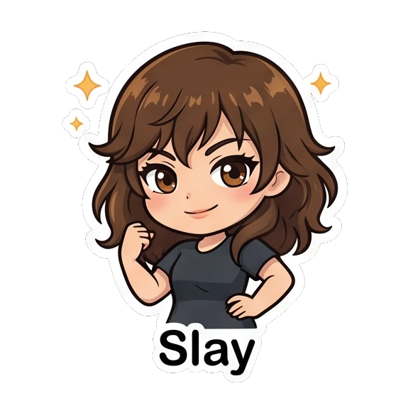 Brown-haired girl posing confidently with a slay expression. Brown Hair Chibi Girl Daily Life sticker for expressive chats and social replies.