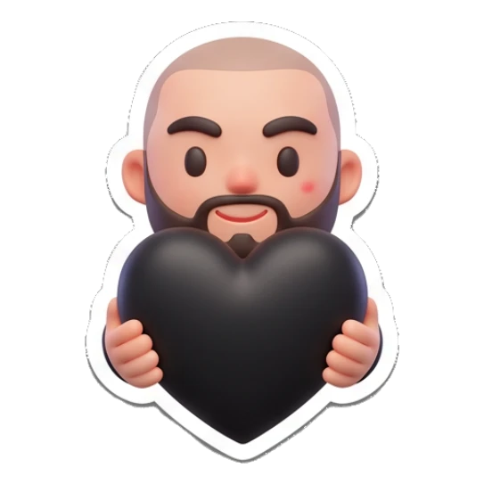 Bearded man holding a large black heart, text LOVE Bearded Buddy Expressions sticker for expressive chats and social replies.