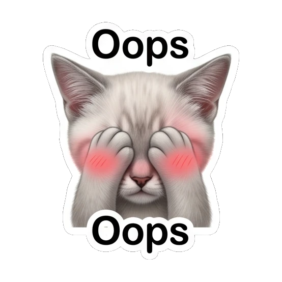Embarrassed white cat covering eyes with blushing cheeks and text Oops Little White Cat Daily sticker for expressive chats and social replies.