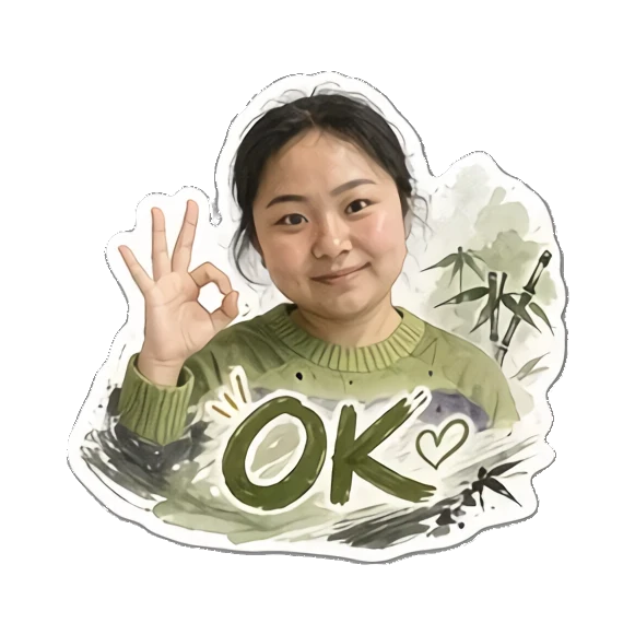 Young woman making OK hand gesture with bamboo background Cheerful Daily Life of a Young Woman sticker for expressive chats and social replies.