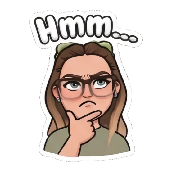 Girl with glasses thinking with hand on chin, text Hmm My Daily Moods sticker for expressive chats and social replies.
