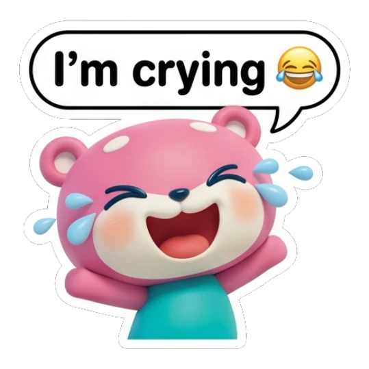 Pink bear laughing with tears of joy with text I'm crying Pinky Bear Daily Vibes sticker for expressive chats and social replies.