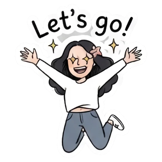 Girl jumping with excitement and star eyes, text Let's go! Charming Girl Daily Expressions sticker for expressive chats and social replies.