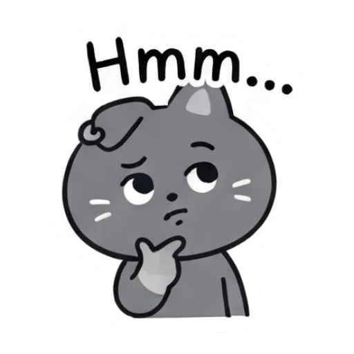 Thoughtful grey cat resting chin on hand and text Hmm. Moody Grey Cat Daily sticker for expressive chats and social replies.