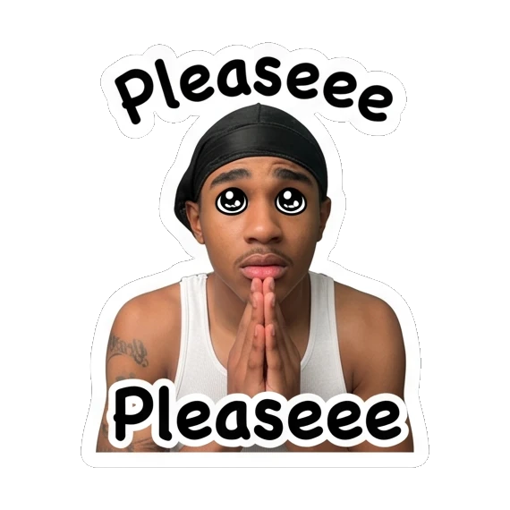 Young man looking pleading with big eyes and text Pleaseee. Daily Vibes of a Durag Guy sticker for expressive chats and social replies.