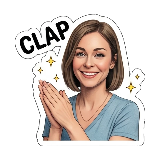 Woman clapping hands with 'CLAP' text Everyday Office Lady sticker for expressive chats and social replies.