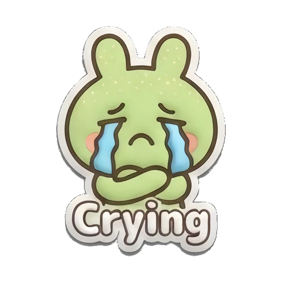 Crying green bunny with blue tears and 'Crying' text. Puffy Green Bunny Adventures sticker for expressive chats and social replies.