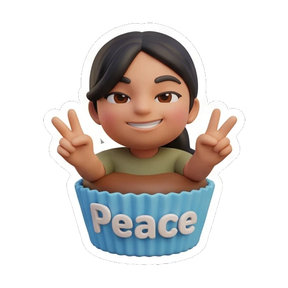 Girl making peace signs inside a cupcake with Peace text, chill. Cheerful Girl Daily Life sticker for expressive chats and social replies.