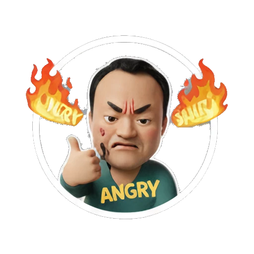Man looking angry with fire effects and ANGRY text Musical Man Expressions sticker for expressive chats and social replies.