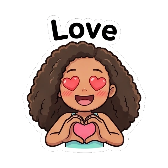 卷发女孩比心，眼睛变成爱心形状 Curly Haired Girl Expressions sticker for expressive chats and social replies.