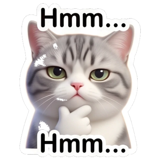Grey cat thinking with Hmm text Cute Grey Tabby Expressions sticker for expressive chats and social replies.