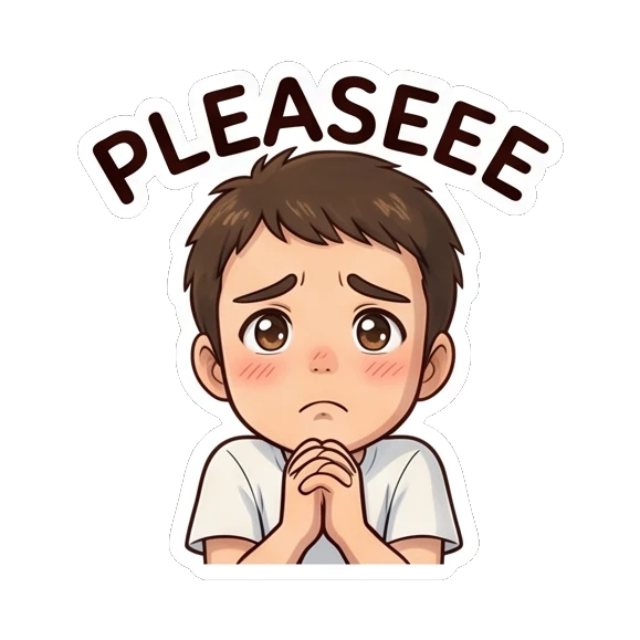 Pleading boy with hands clasped together and hopeful eyes. Daily Life of a Chibi Boy sticker for expressive chats and social replies.