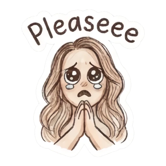 Girl with pleading puppy eyes, hands together, text Pleaseee Charming Doodle Girl Expressions sticker for expressive chats and social replies.