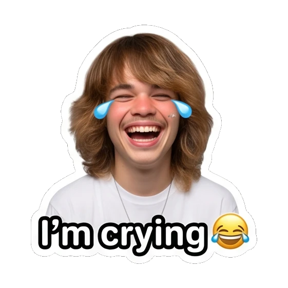 Teen boy laughing with tears of joy, text I'm crying Teen Boy Daily Vibes sticker for expressive chats and social replies.