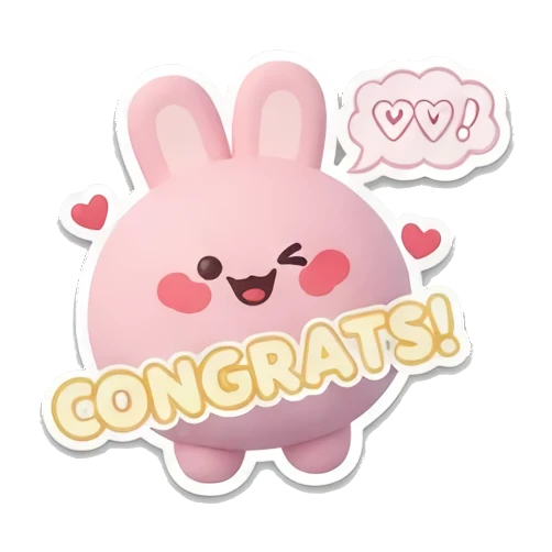 Pink bunny winking with hearts and CONGRATS text. Pink Bunny Daily Moods sticker for expressive chats and social replies.
