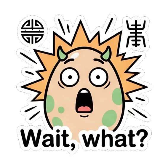 Shocked egg with spiky hair and wide eyes saying Wait, what? Little Spotted Egg Emotions sticker for expressive chats and social replies.