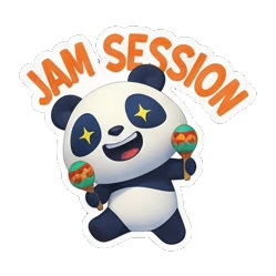 Panda holding maracas with starry eyes and JAM SESSION text Rocking Panda Band sticker for expressive chats and social replies.