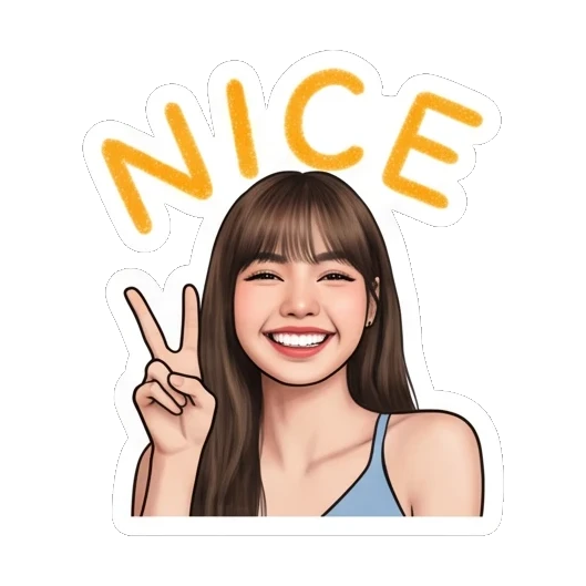 Young woman making a peace sign with a smile and NICE text. Lisa Daily Vibes sticker for expressive chats and social replies.