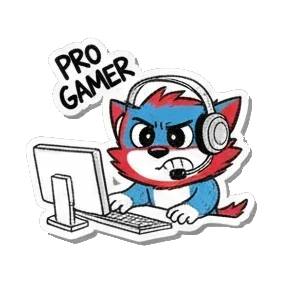 Gamer cat wearing a headset at a computer with text PRO GAMER Gamer Cat Adventures sticker for expressive chats and social replies.