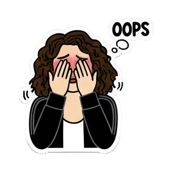 Curly-haired girl hiding face in embarrassment with text OOPS Curly Hair Girl Daily Vibes sticker for expressive chats and social replies.