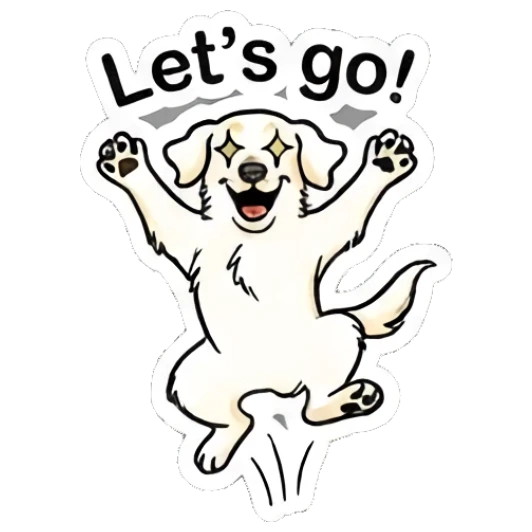 Excited golden retriever jumping for joy with text 'Let's go!' Golden Retriever Daily Vibes sticker for expressive chats and social replies.