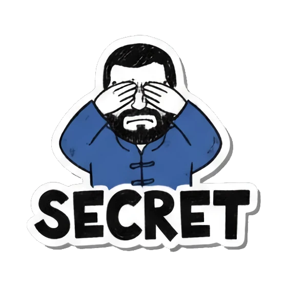 Man covering eyes, "SECRET" Bearded Guy's Moods sticker for expressive chats and social replies.