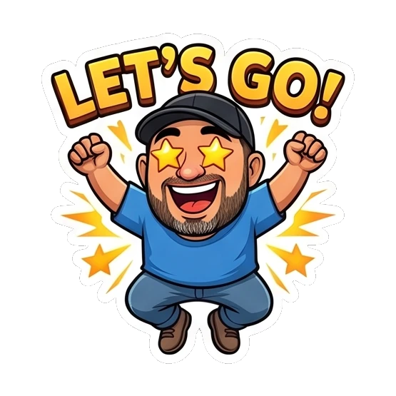 Bearded man jumping with excitement and star eyes, 'Let's Go!'. Bearded Guy Daily Vibes sticker for expressive chats and social replies.