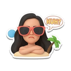 Girl skeptical wearing sunglasses, text HUH Summer Beach Girl Vibes sticker for expressive chats and social replies.