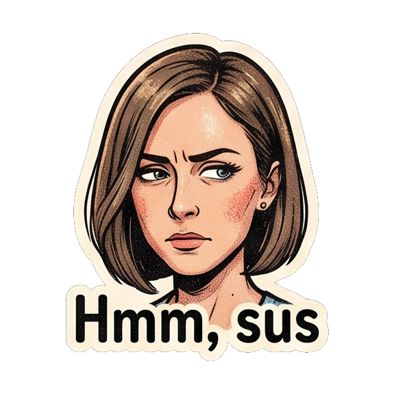 Young woman looking suspicious with 'Hmm, sus' text Retro Comic Girl Expressions sticker for expressive chats and social replies.