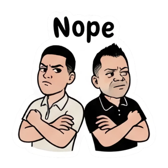 Twin brothers looking skeptical with crossed arms and 'Nope' text. Twin Brothers Daily Vibe sticker for expressive chats and social replies.