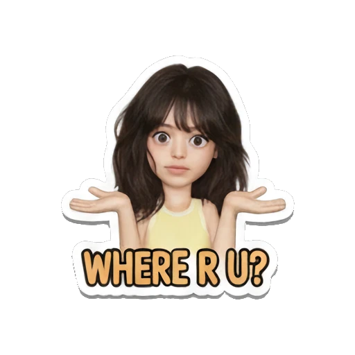 Girl shrugging shoulders, confused, text 'WHERE R U?' Music Festival Girl sticker for expressive chats and social replies.