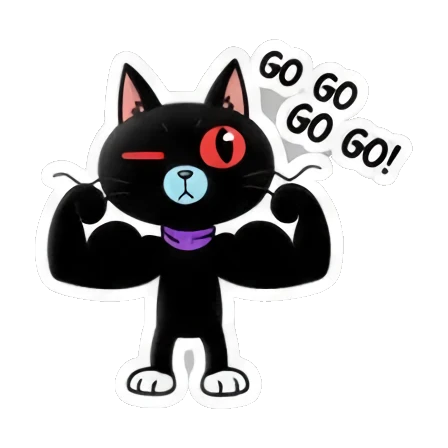 Strong black cat flexing muscles with go go text. Cool Black Cat Daily sticker for expressive chats and social replies.