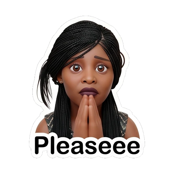 Woman with hands together in a pleading gesture, text Pleaseee Chic Afro-Textured Daily Expressions sticker for expressive chats and social replies.