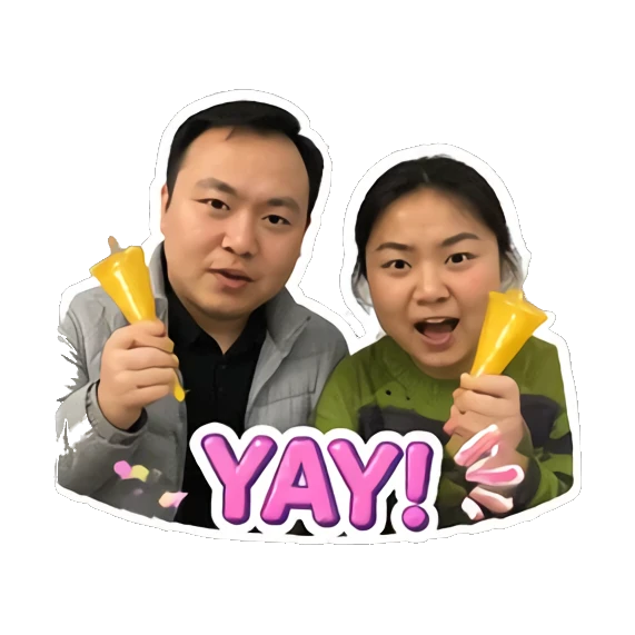 Couple celebrating with party horns and 'YAY!' text Couple Daily Vibes sticker for expressive chats and social replies.