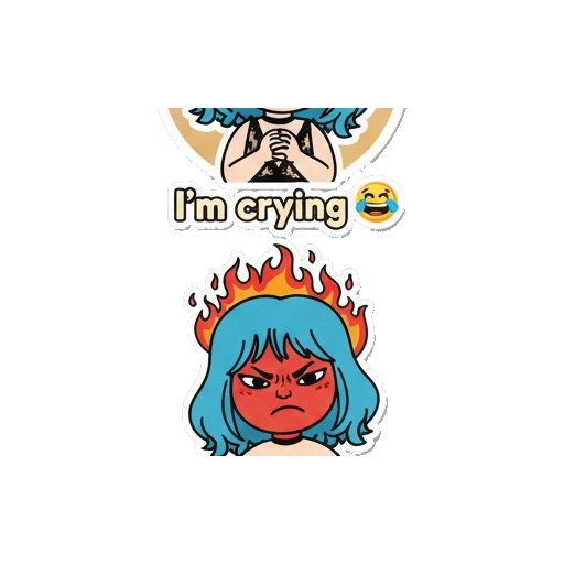 Blue-haired girl with a fiery head and angry expression with text Seriously? Yes! Blue-Haired Fashionista sticker for expressive chats and social replies.