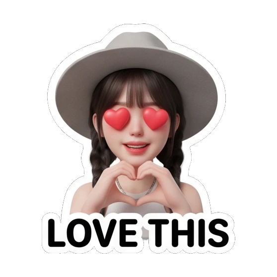 Girl with hat making heart shape with hands, text LOVE THIS Chic Hat Girl Expressions sticker for expressive chats and social replies.