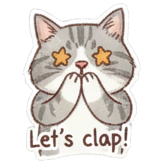 Cat clapping with star eyes, text Let's clap! Fluffy Doodle Cat Expressions sticker for expressive chats and social replies.