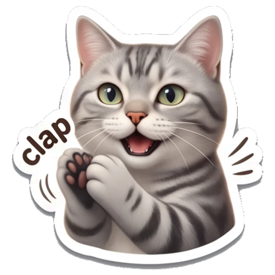 Excited tabby cat clapping paws with 'clap' text Tabby Cat Daily Vibes sticker for expressive chats and social replies.