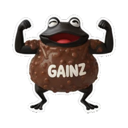Muscular chocolate frog flexing with GAINZ text Choco Froggy Adventures sticker for expressive chats and social replies.