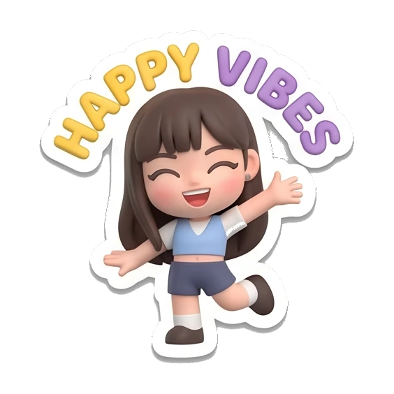 Girl jumping happily with arms raised and text HAPPY VIBES Cute Girl Daily Expressions sticker for expressive chats and social replies.