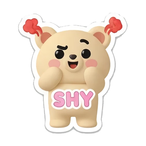 Shy bear covering face with hands and SHY text. Cheerful Clay Bear Buddies sticker for expressive chats and social replies.